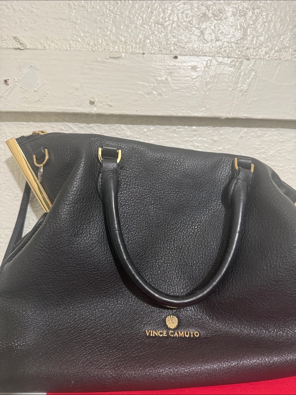 Vince Camuto Black Pebbled Leather Tote with Gold Accents